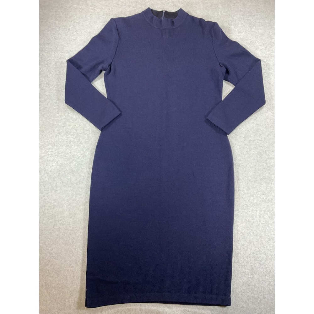 St. John Collection Marie Gray Navy Blue Knit Mock Neck Sheath Dress Size 8 2996